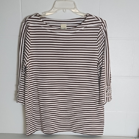 Blair Chocolate & White Striped Tee Shirt 3/4 Laced Sleeve Details - Picture 9 of 11